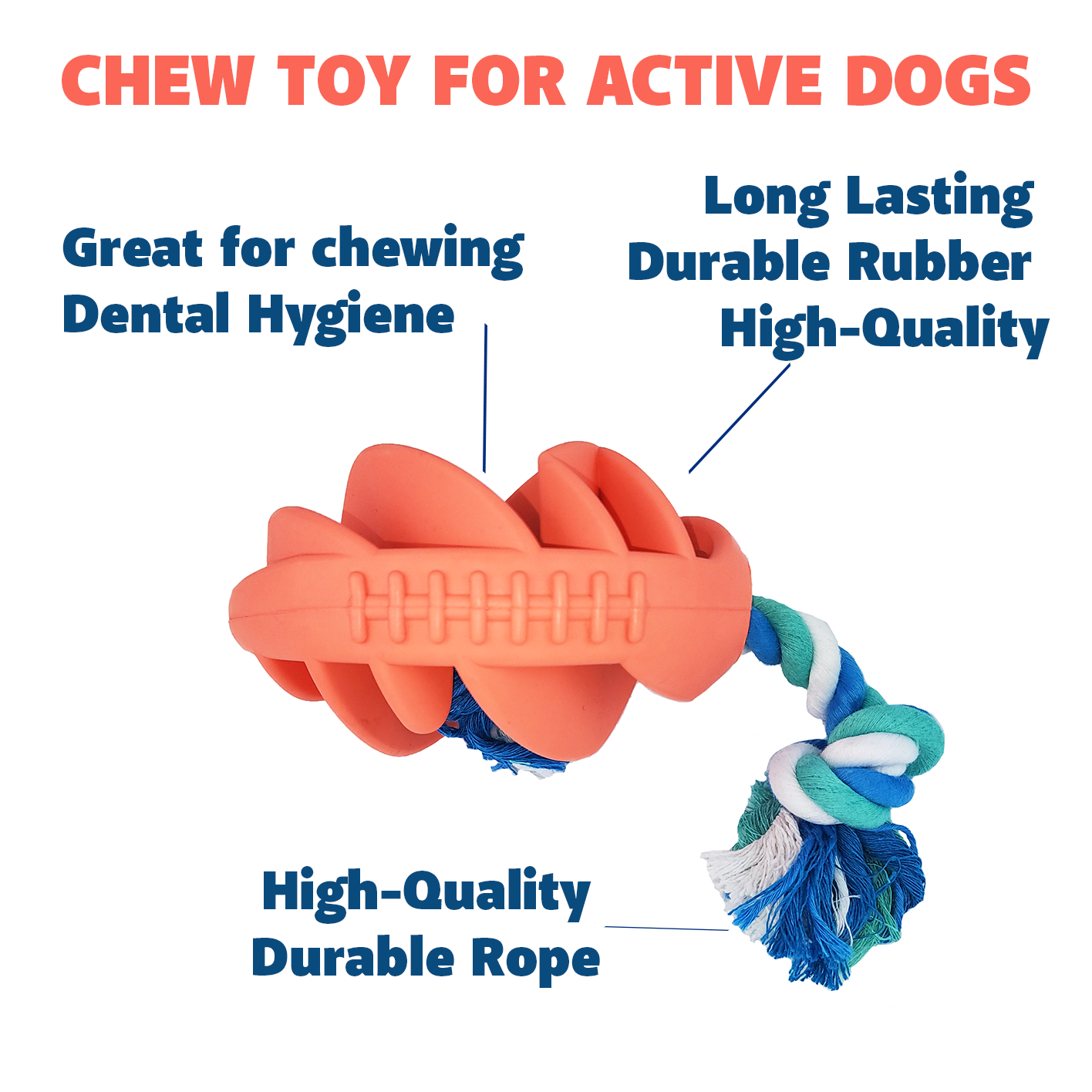 Rubber Football Chew Toy with Tug Rope, Coral thumbnail