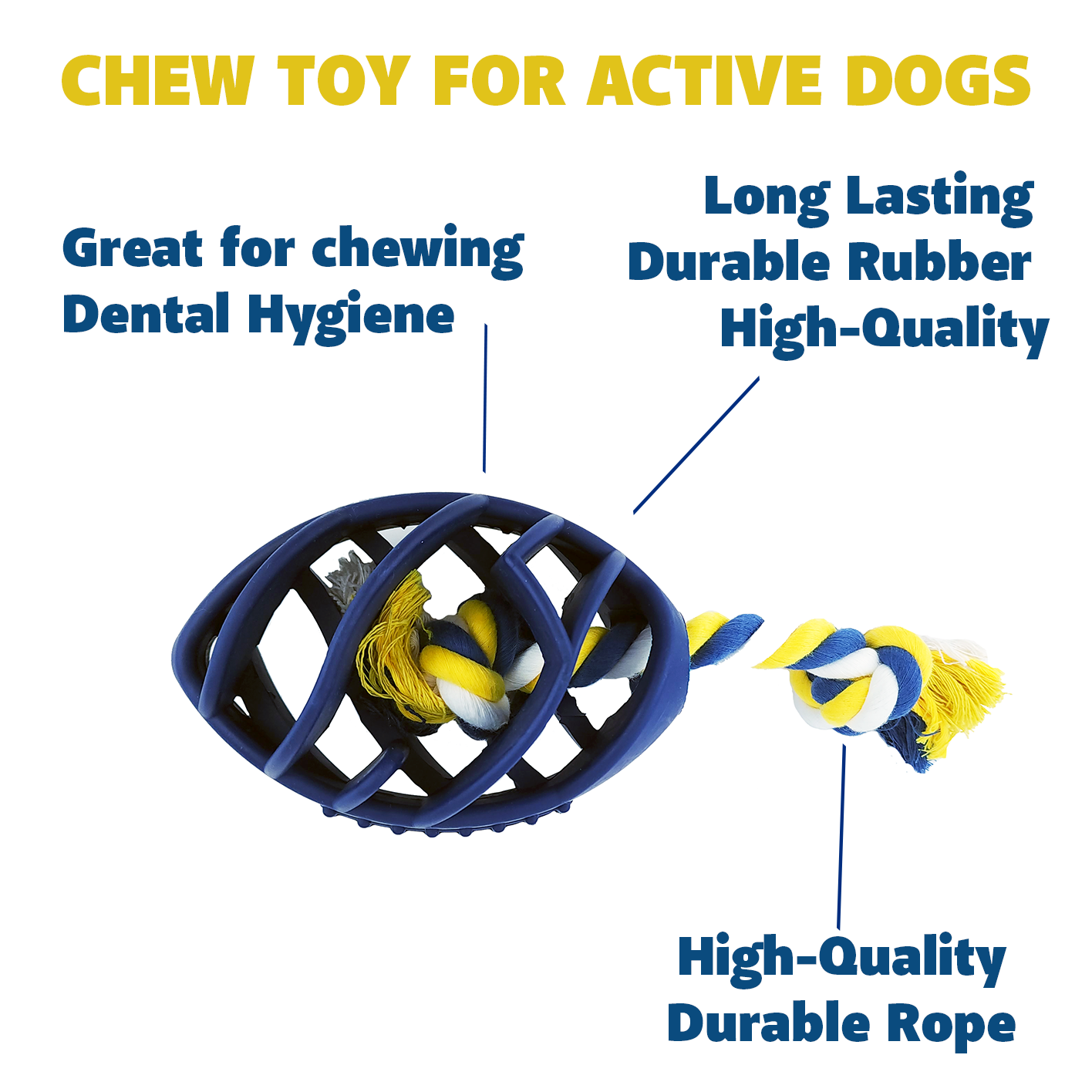 Rubber Football Chew Toy with Tug Rope, Navy Blue thumbnail